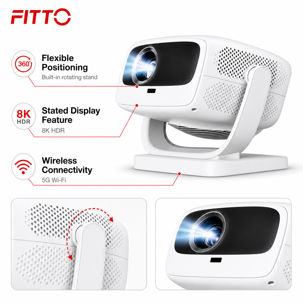 48 Pieces Portable Projectors with Built-In Rotating Stand, 8K HDR, 5G Wi-Fi, White