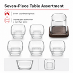 48 Pieces Square Glass Bowl and Cup Set, Clear, 7 Pieces
