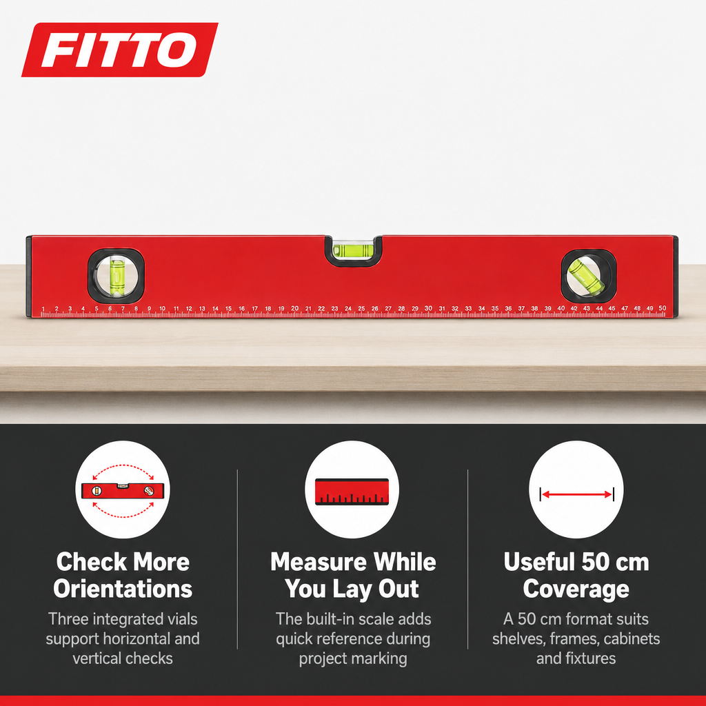 96 Pieces 50 cm Red Aluminum Spirit Level with 3 Vials and Integrated Measuring Scale