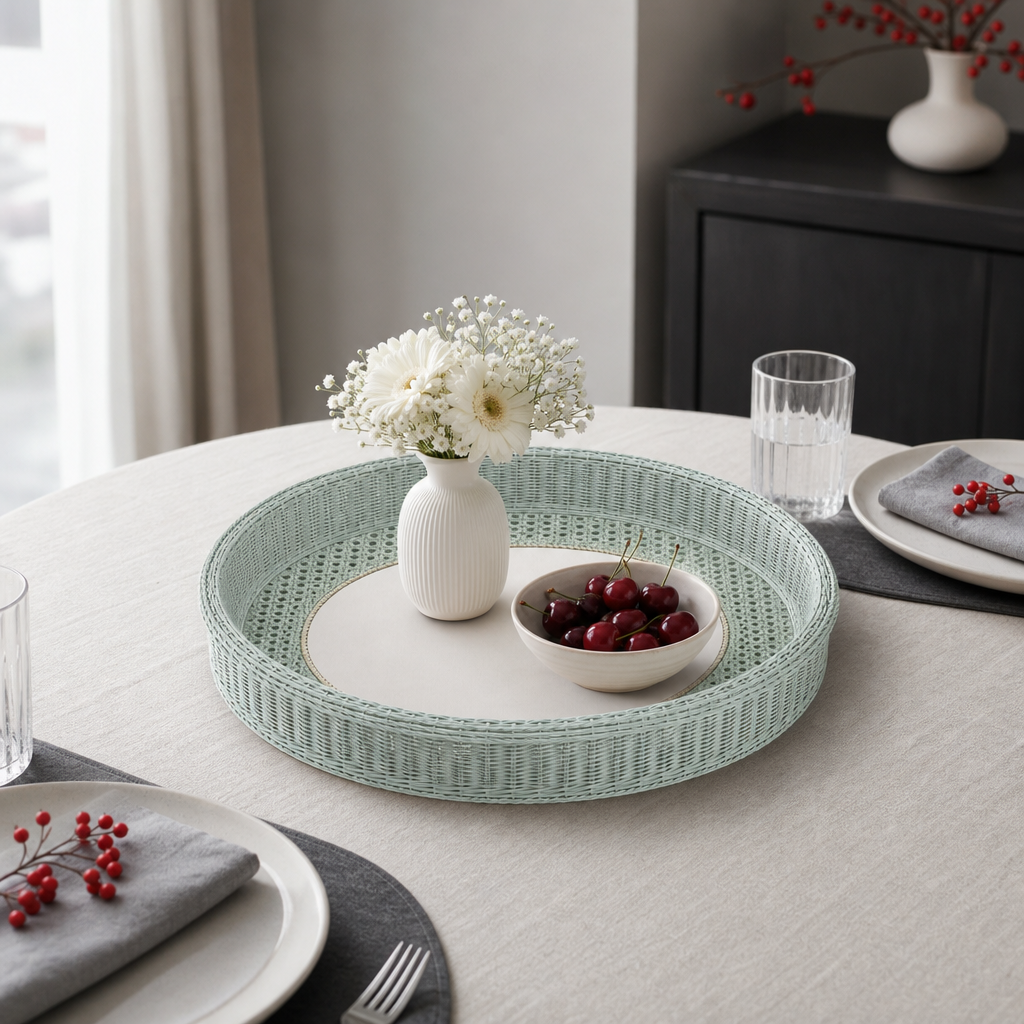 72 Pieces Round Woven Serving Trays, 50 cm, Sage Green Decorative Tabletop Tray