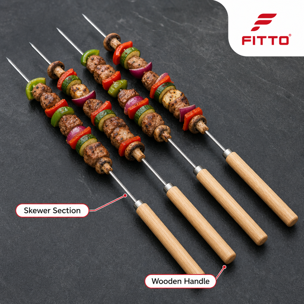 144 Pieces Stainless Steel Barbecue Skewer Set with Wooden Handles, 4-Piece, 45 cm