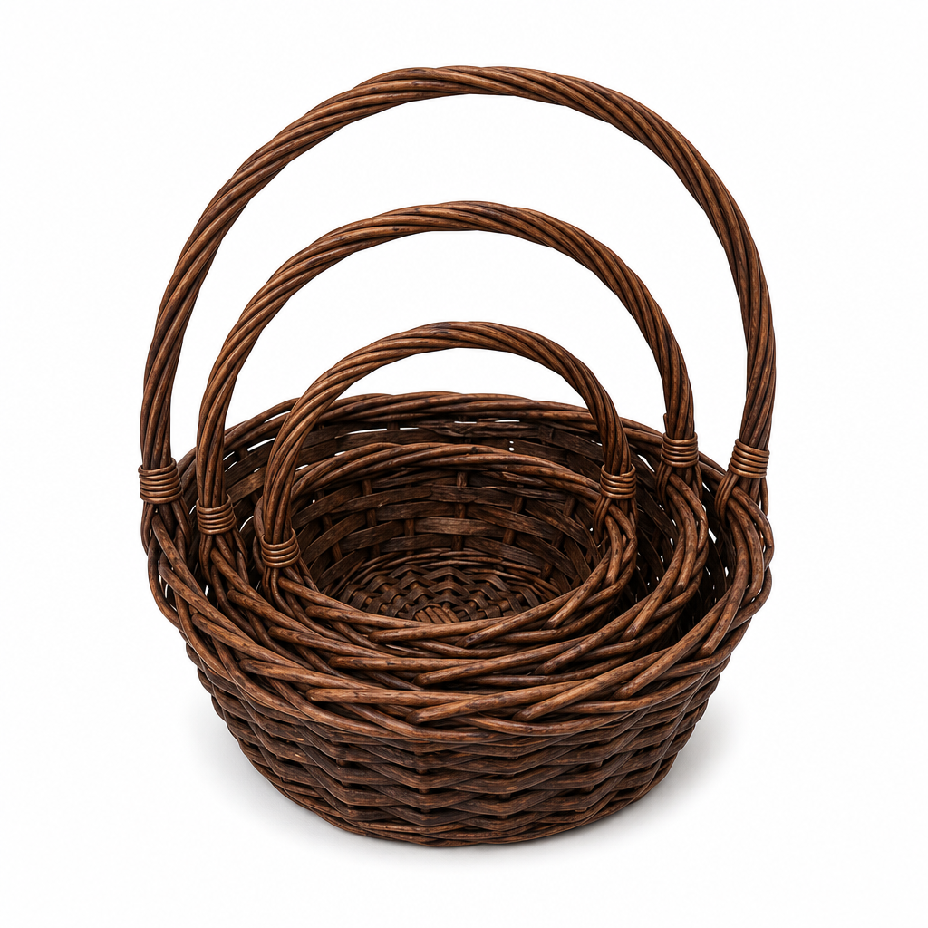 60 Pieces Round Woven-Style Storage Basket Set, Brown, Nesting Baskets with Carry Handles, 12 in, 10 in and 8 in, 3 Pieces