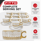 96 Pieces Ceramic Cup and Saucer Set, White and Gold Tableware, 12 Pieces for Coffee and Tea Serving