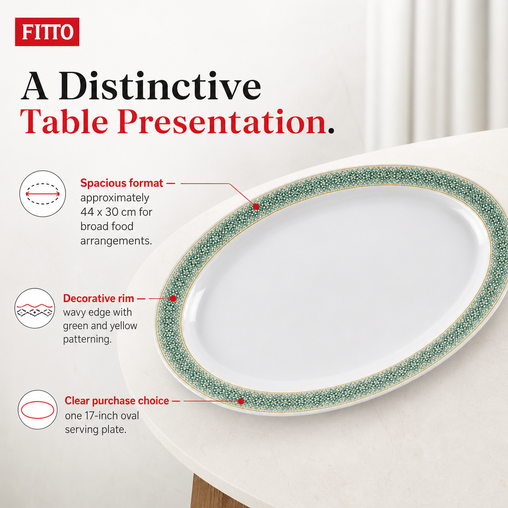 96 Pieces Melamine Wavy Oval Serving Plate, 17 Inch, White with Green and Yellow Pattern