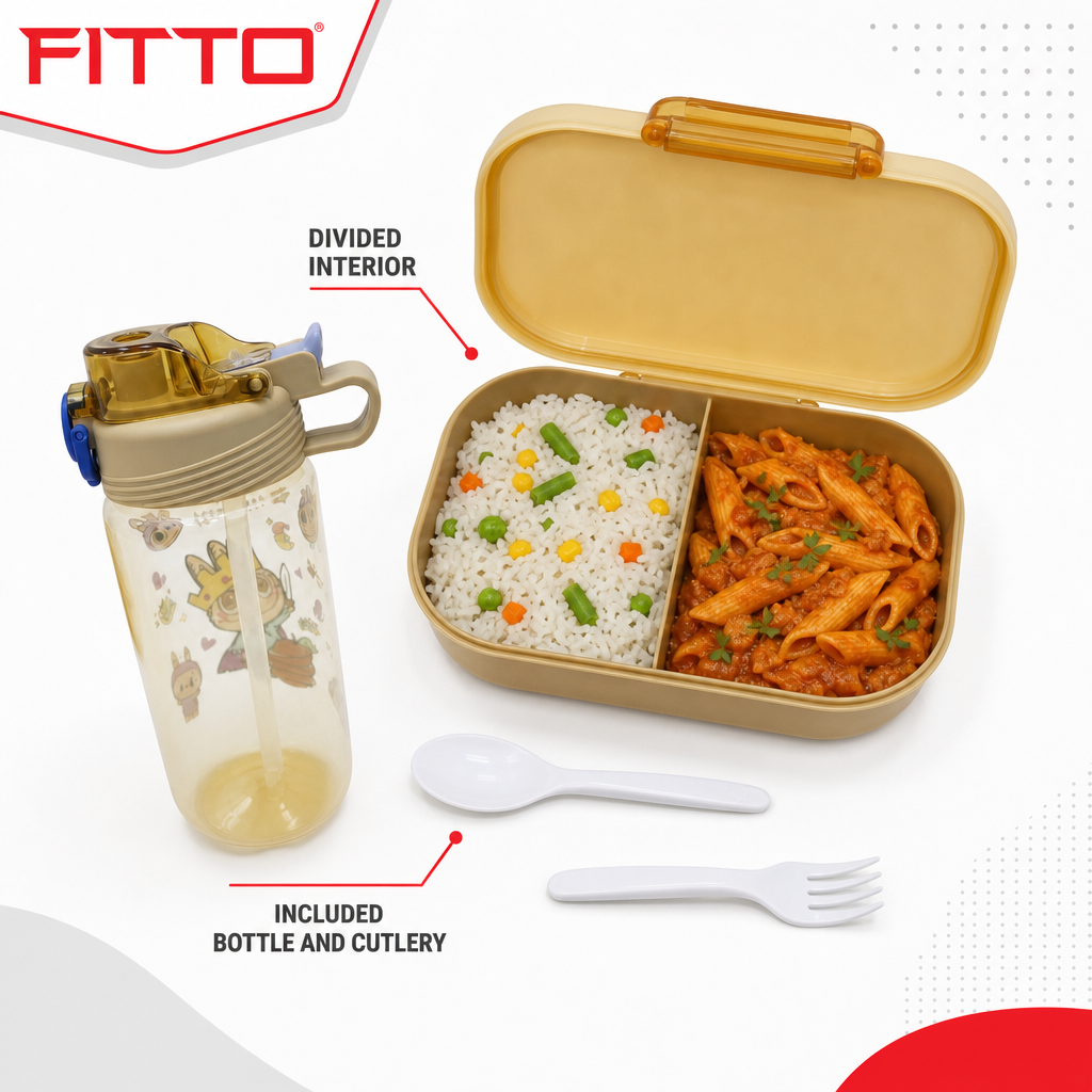 96 Pieces Assorted Colour Rectangular Plastic Lunch Box Set with 600 ml Bottle, Spoon and Fork