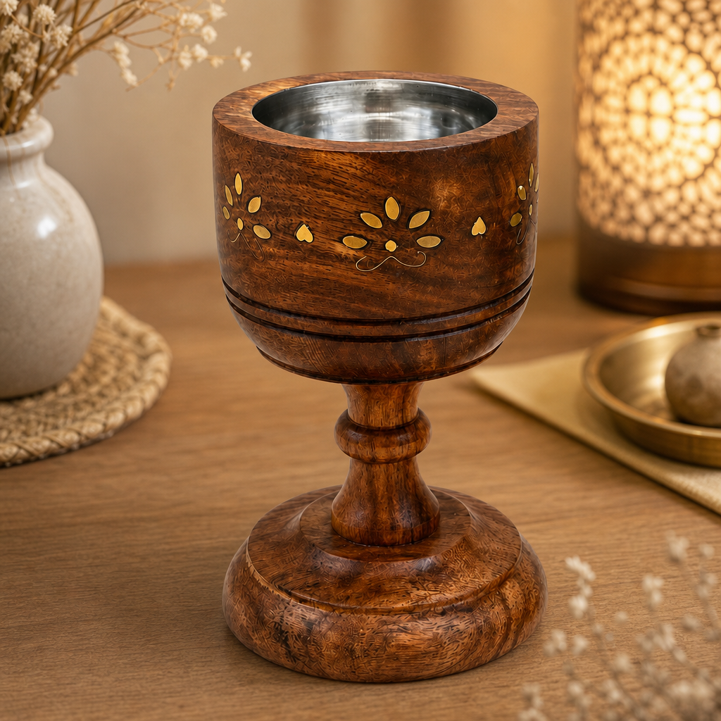 96 Pieces Wooden Incense Burner Cup with Metal Bowl, Decorative Floral Inlay, 6.4 Inch