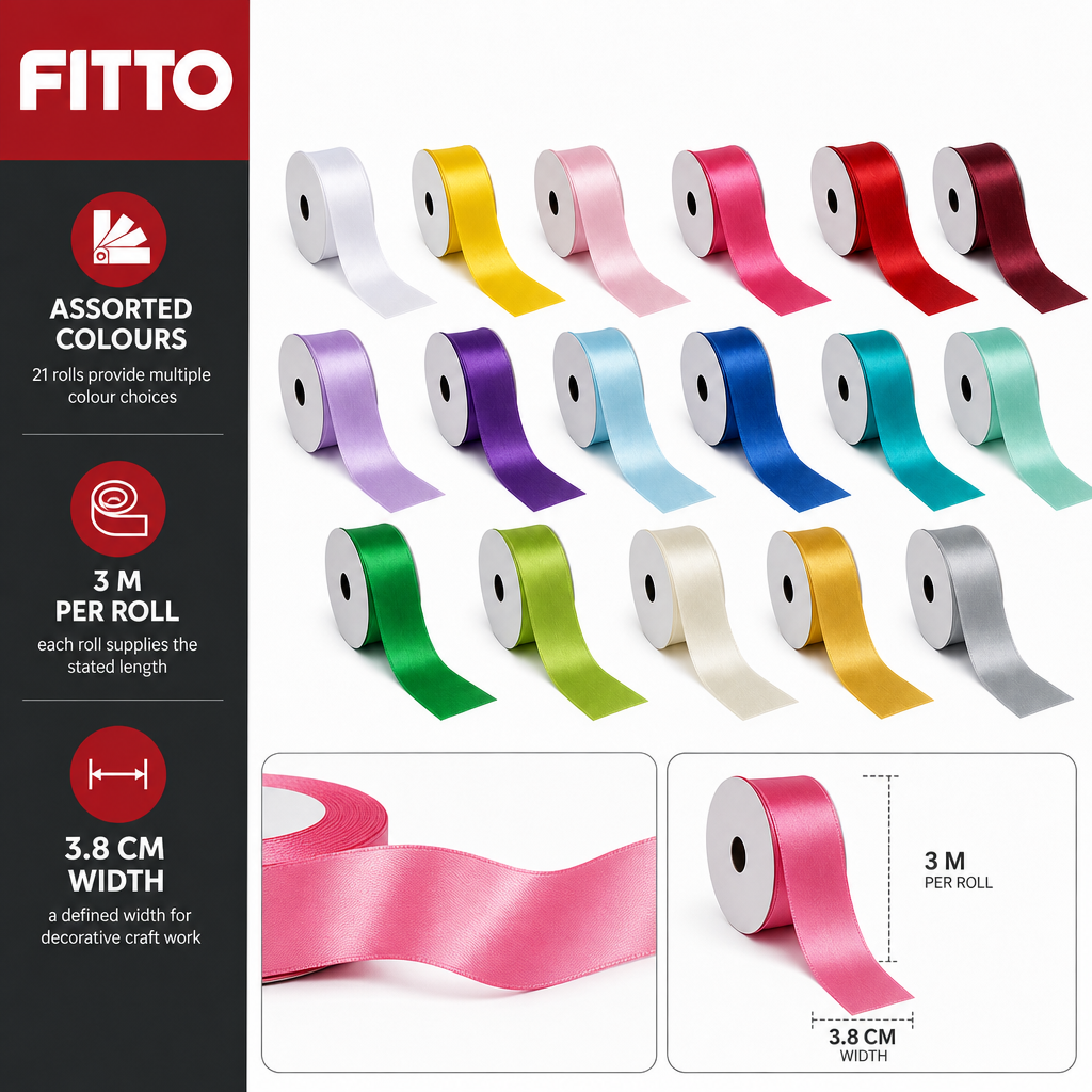 48 Pieces Assorted Colour Satin Ribbon Rolls, 3.8 cm x 3 m, 21 Rolls for Crafting and Decoration