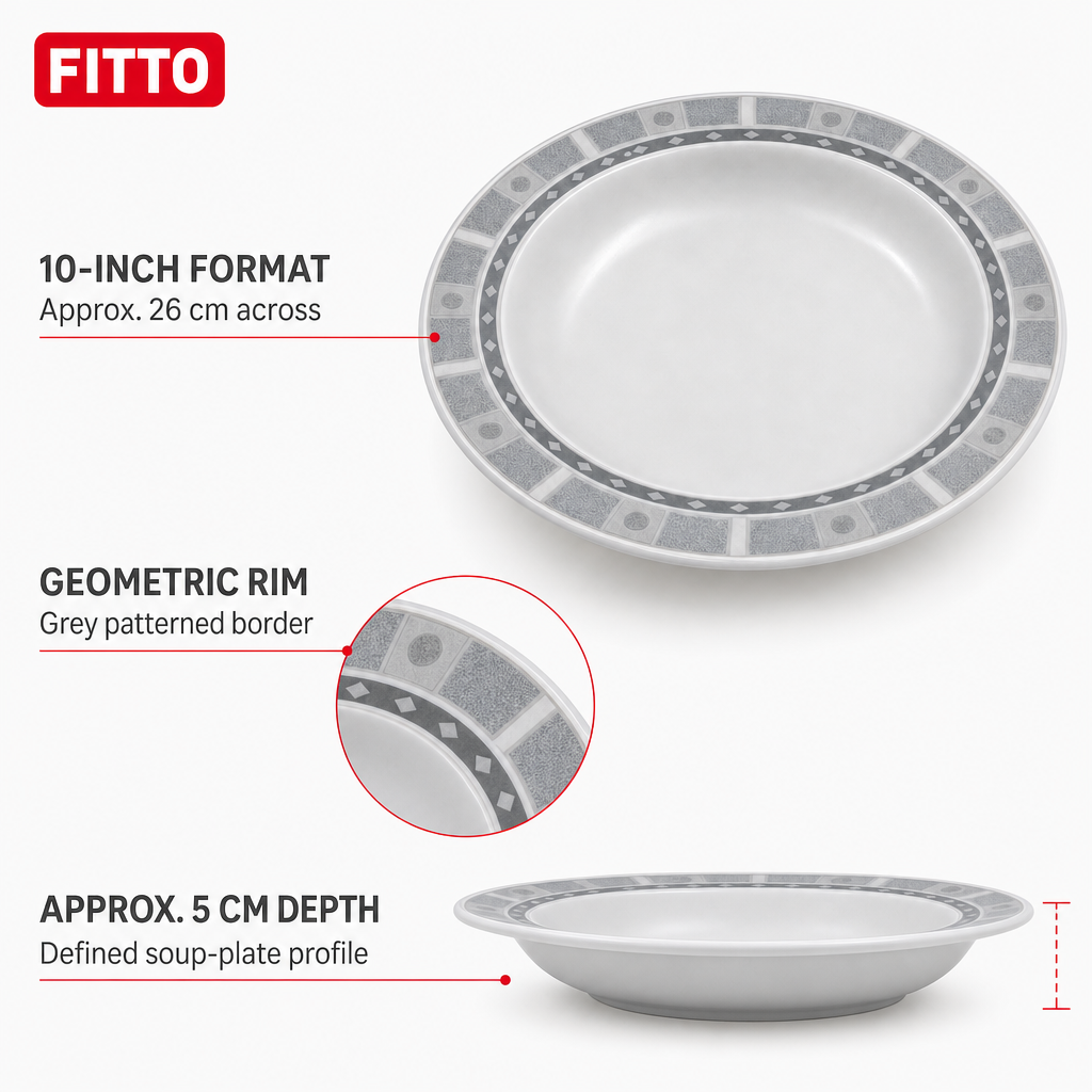 120 Pieces Soup Plate, 10 Inch, Grey Geometric Border, Round Tablewares