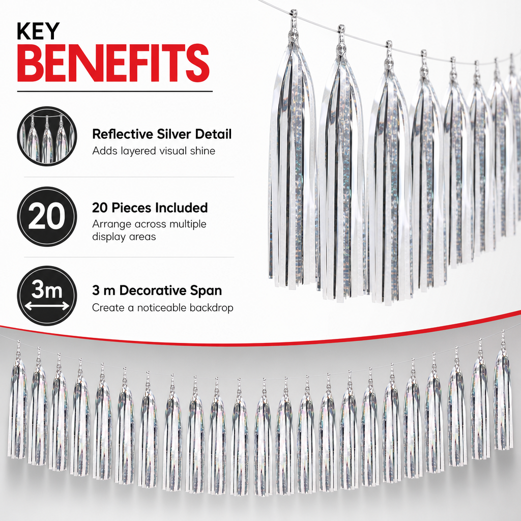 120 Pieces Silver Tassel Garland, 3 m x 25 cm, 20 Pieces for Party Decorations