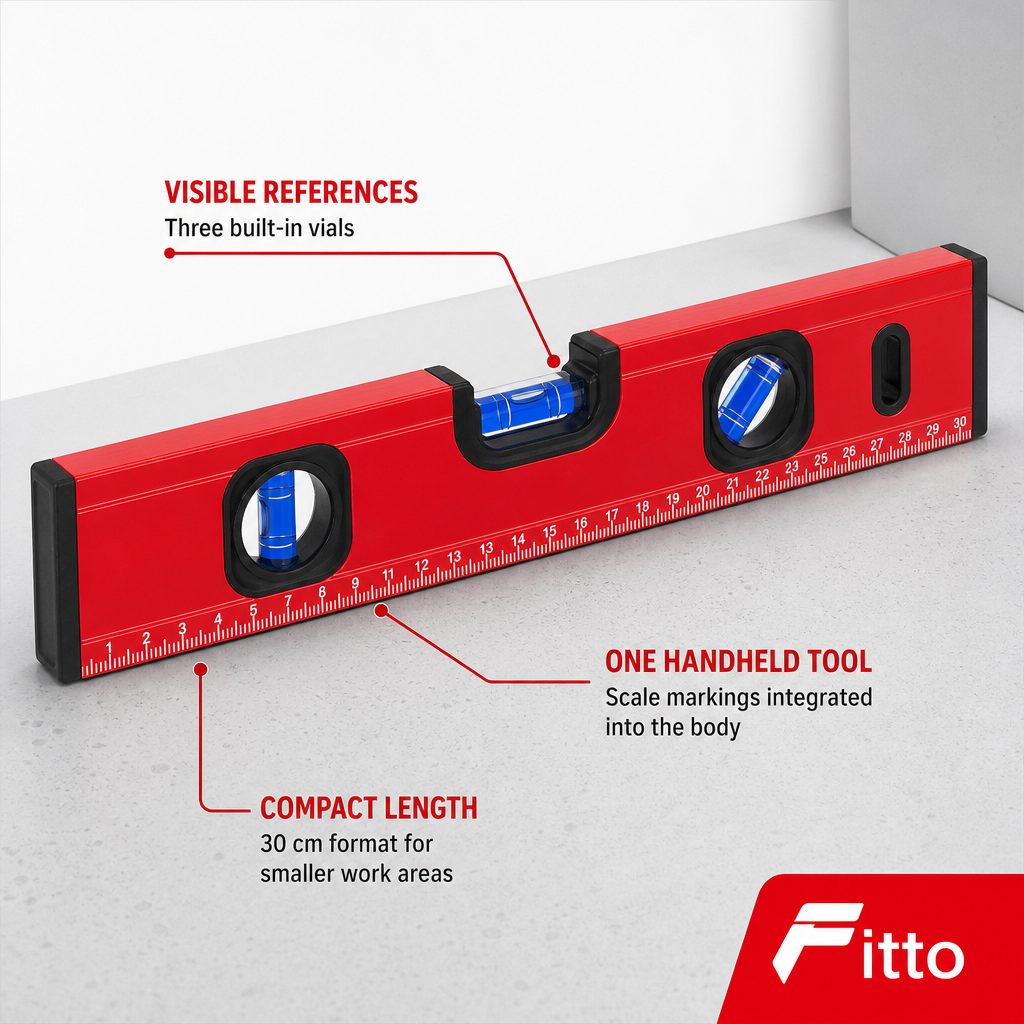 96 Pieces Spirit Level 30 cm (12 Inch), Red Aluminum Level with 3 Vials and Integrated Measuring Scale