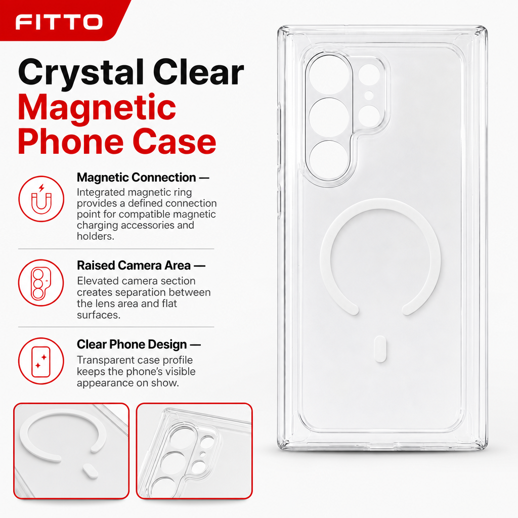 96 Pieces Crystal Clear Magnetic Phone Cases with Ring, Raised Camera Protection and Wireless Charging Support