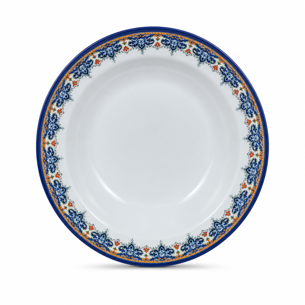 120 Pieces Melamine Soup Plate, 8 Inch, Round White Tablewares with Decorative Blue Border
