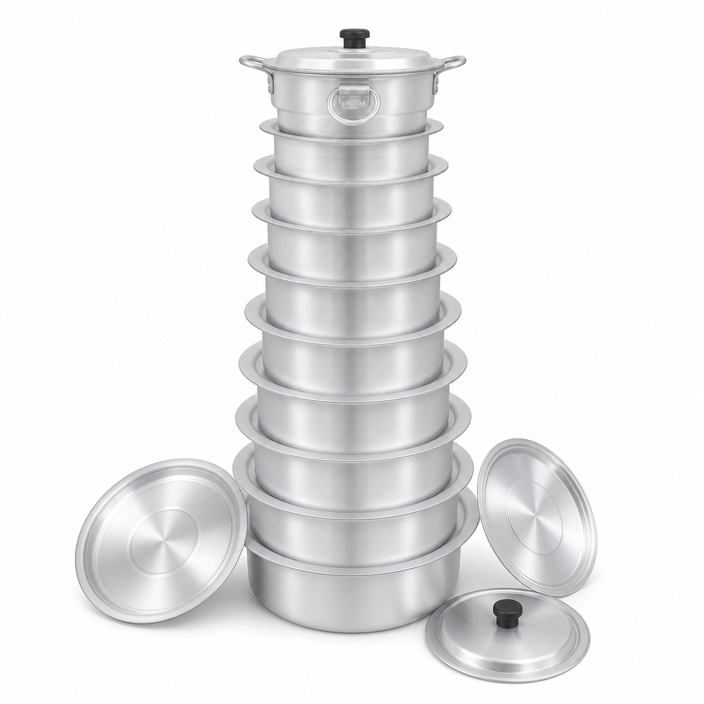 48 Pieces Aluminium Round Cooking Pot Set with Lids, 10 Pieces, Silver