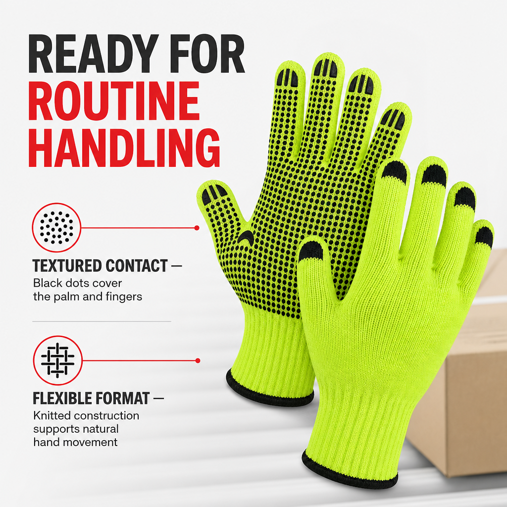 72 Pieces Knitted Work Gloveses with Grip Dots, 24 cm, Neon Green and Black, 1 Pair