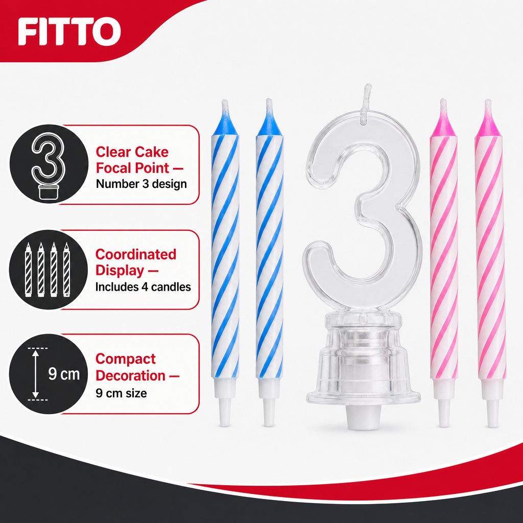 144 Pieces LED Happy Birthday Number 3 Cake Candle Set with 4 Candles, 9 cm, Multicolor