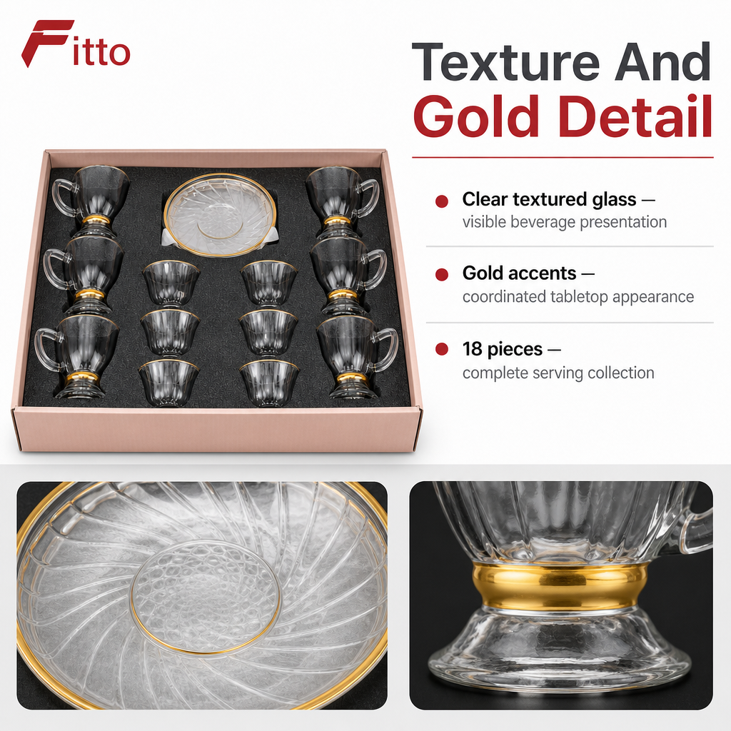 48 Pieces Clear Textured Glass Tea and Coffee Set with Gold Accents, 18 Pieces