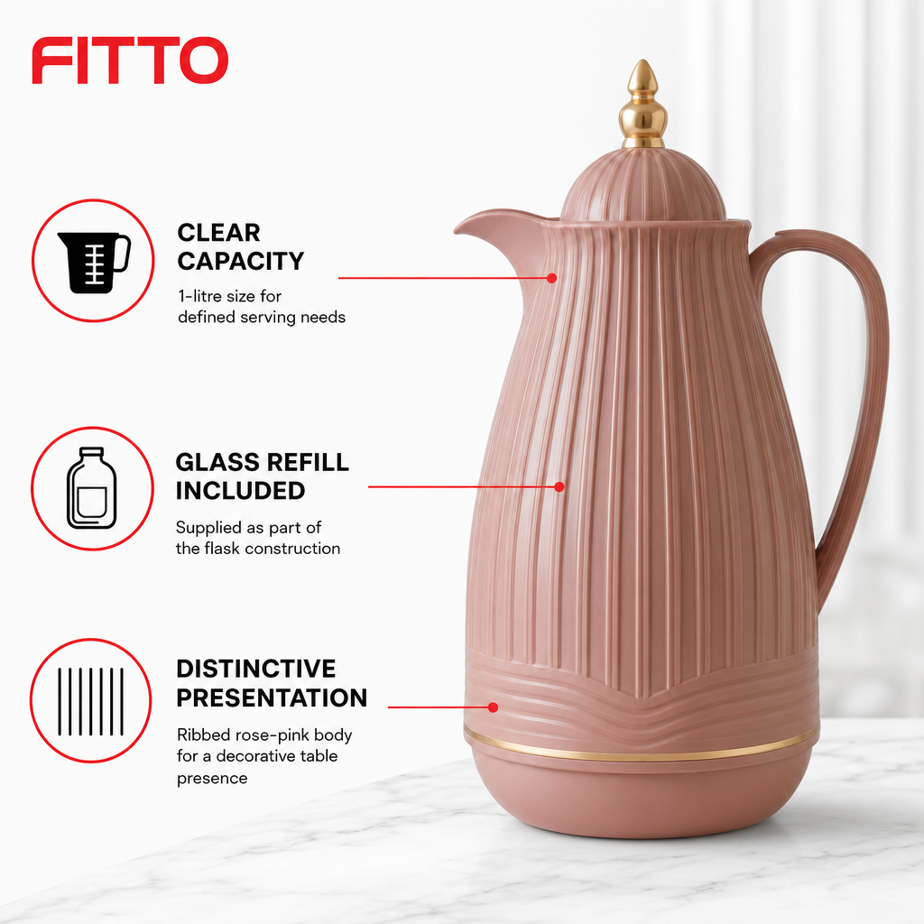 60 Pieces Plastic Vacuum Flask with Glass Refill, 1 Litre, Rose Pink