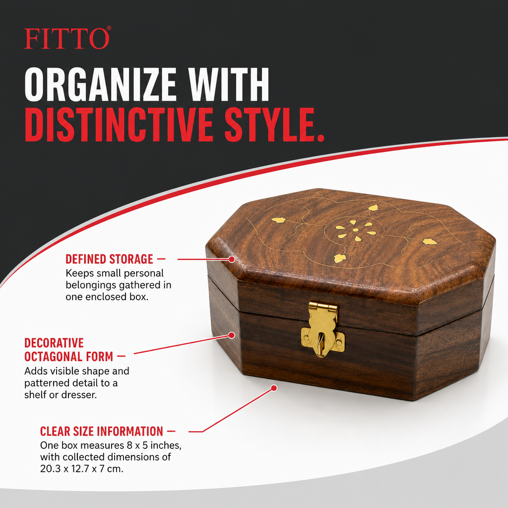 96 Pieces Wooden Octagonal Storage Box, 8 x 5 Inch, Hinged Lid and Front Clasp, Brown Decorative Organizer