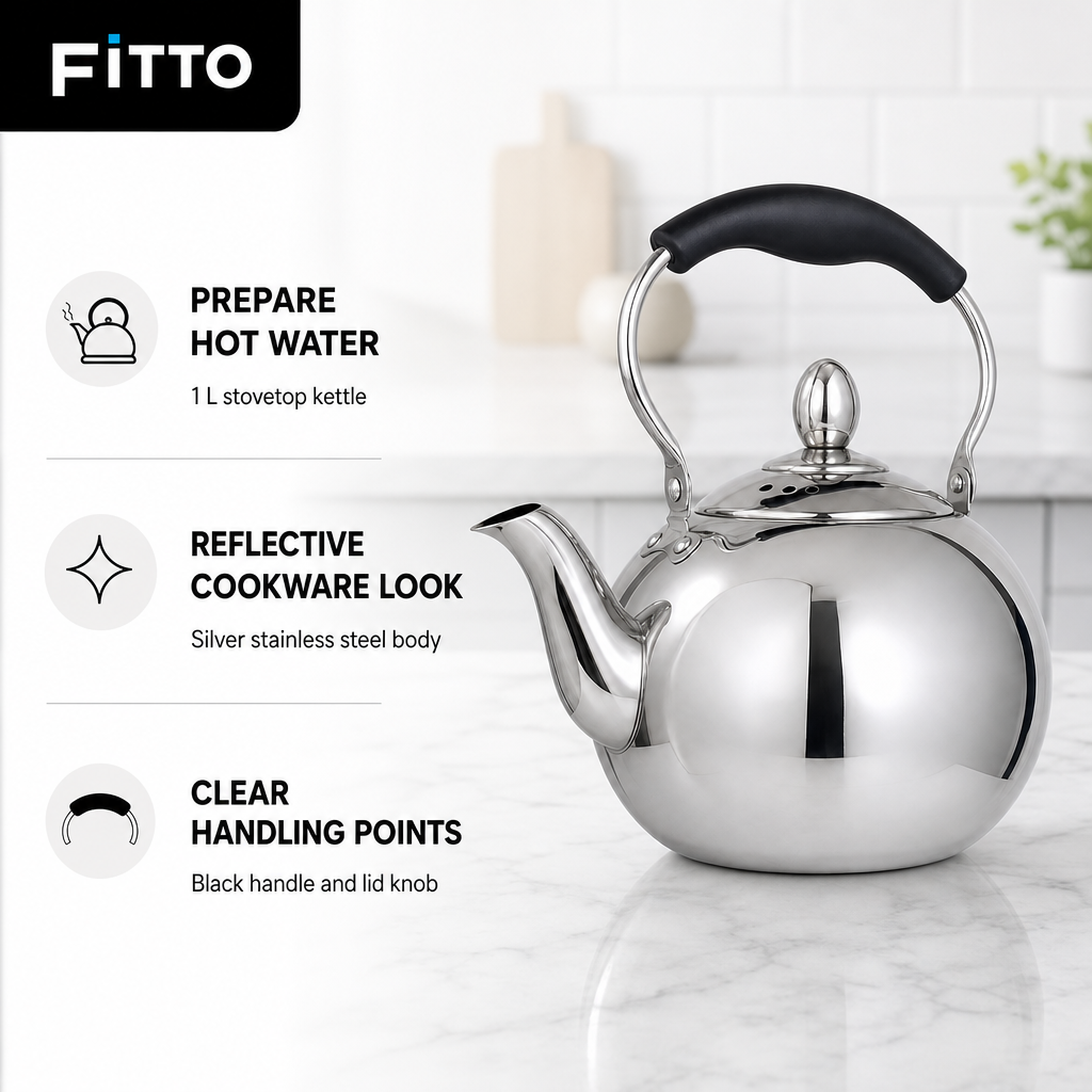 60 Pieces Stainless Steel Stovetop Kettle, 1 L, Silver and Black, 1 Piece