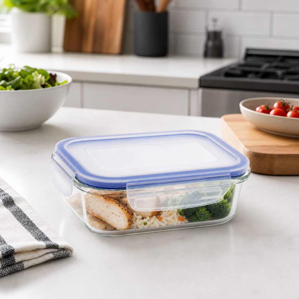 96 Pieces Rectangular Borosilicate Glass Food Container with PP Lid, 1040 ml