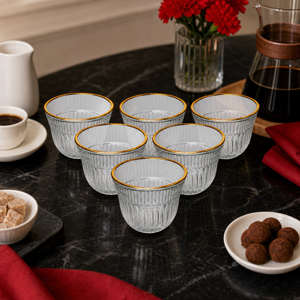 96 Pieces Clear Glass Cawa Cups with Gold-Tone Rims, Fluted Design, 6-Piece Set