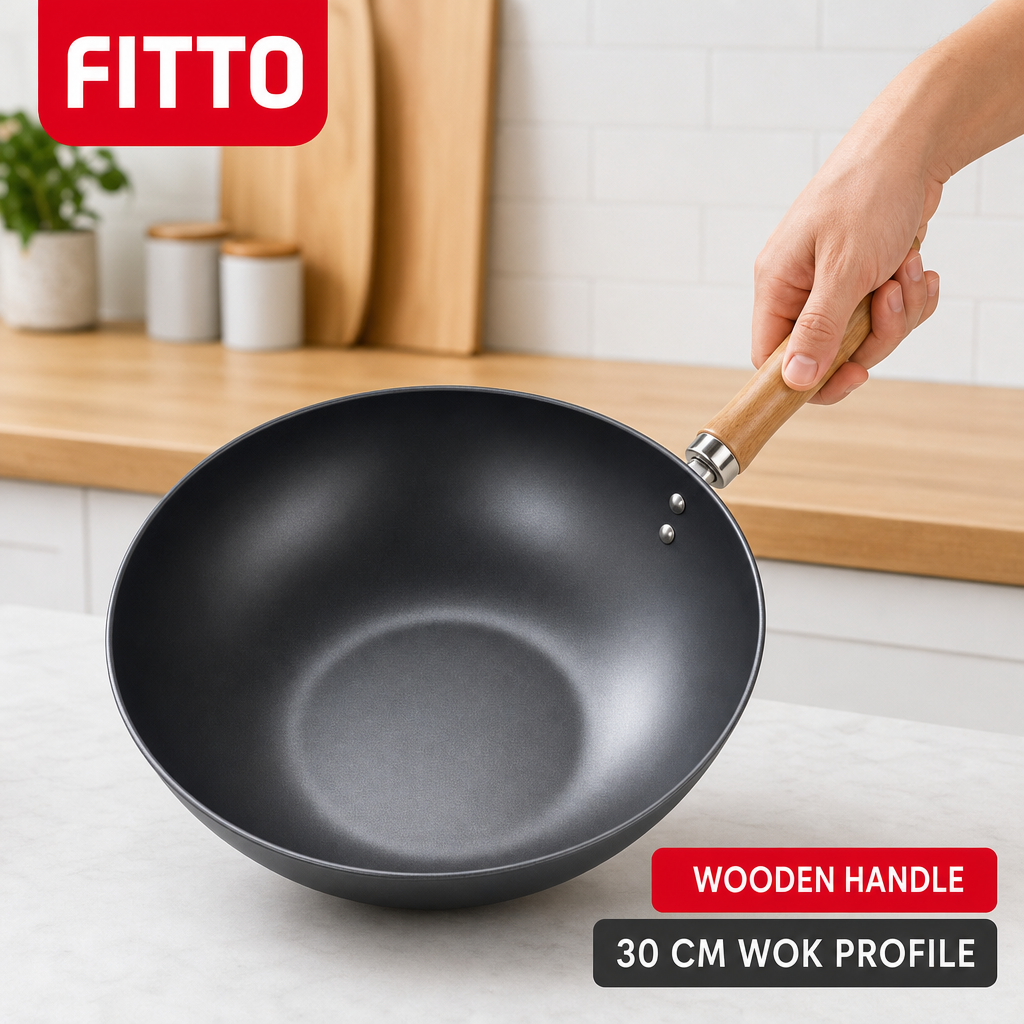 72 Pieces Non-Stick Wok Frying Pan with Wooden Handle, 30 cm