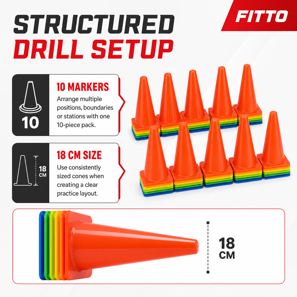 96 Pieces Plastic Training Cones, 18 cm, Multicolor, 10-Piece Pack for Sports Drills