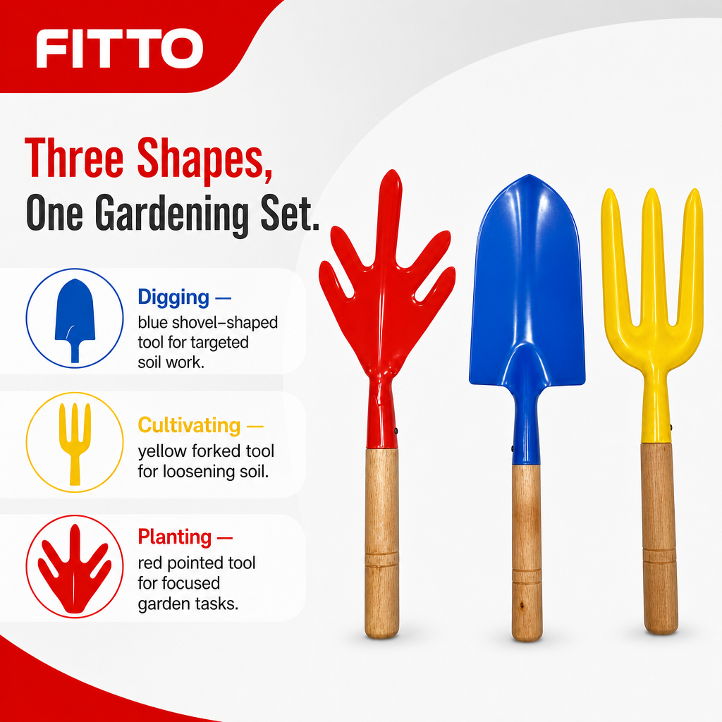 144 Pieces Garden Hand Tools Set, Red Blue and Yellow 3-Piece Set with Wooden Handles for Digging and Cultivating