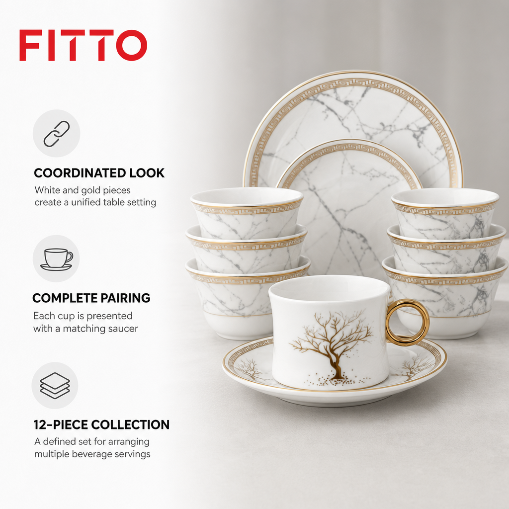 96 Pieces Ceramic Cup and Saucer Set, White and Gold, 12 Pieces