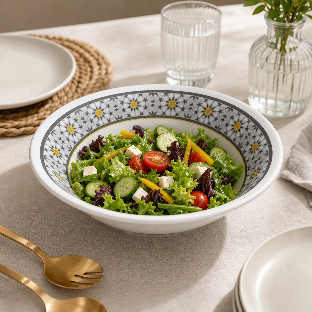 96 Pieces Melamine Salad Bowl, 7 Inch, White and Grey with Yellow Accents