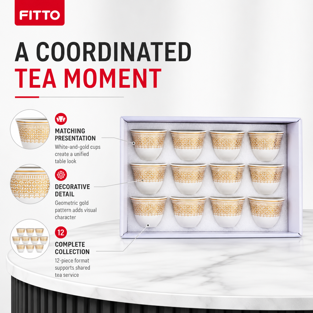 96 Pieces Ceramic Tea Cup Set, White And Gold, 12-Piece Drinkwares Collection