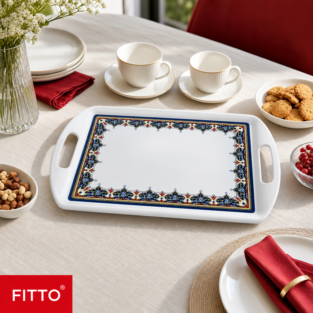 96 Pieces Melamine Rectangular Serving Trays with Handles, White, 15 Inch, Decorative Border