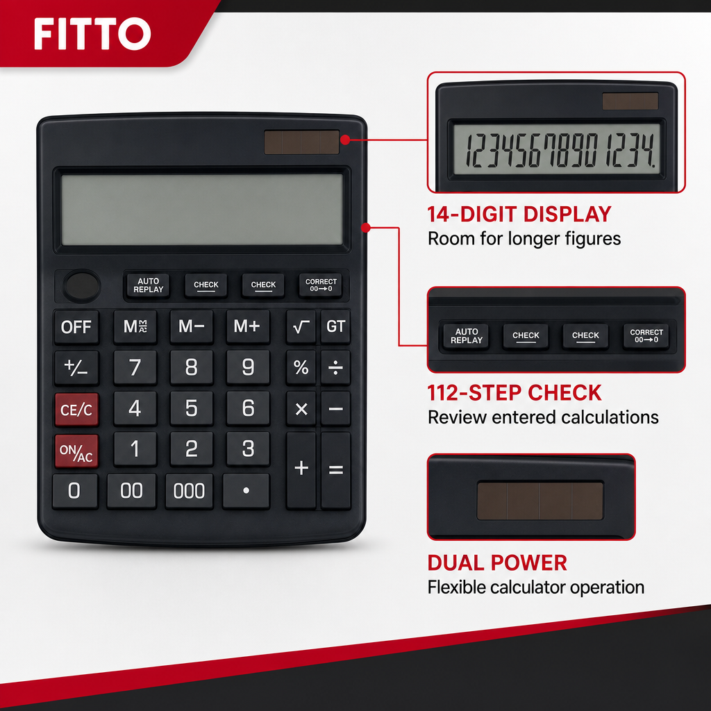 72 Pieces Electronic Calculators, 14-Digit Display with 112-Step Check, Dual Power, Black, 1 Piece