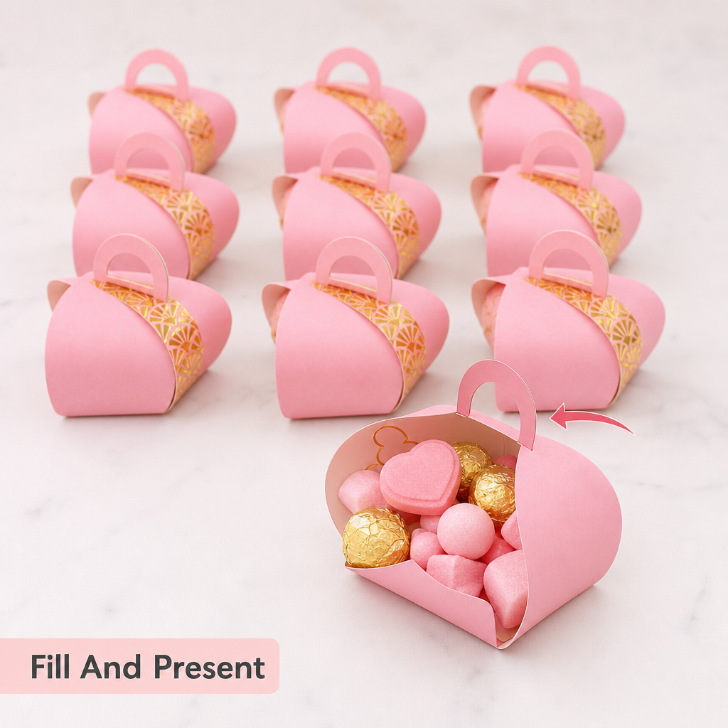 96 Pieces Pink Handled Candy Favor Boxes, 7 x 7 x 8 cm, 12 Pieces