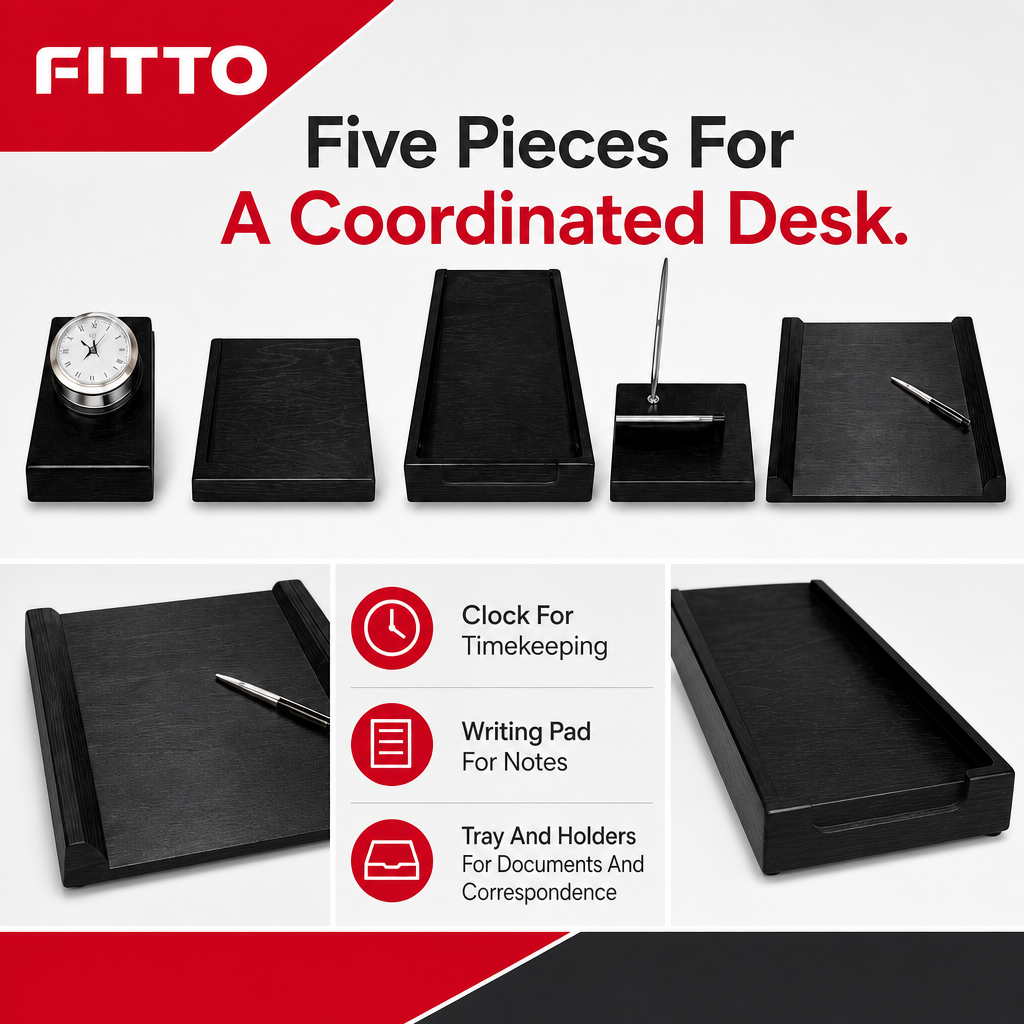 48 Pieces 5-Piece Wooden Executive Desk Set with Clock, Writing Pad, Document Tray, Pen Holder and Letter Holder, Black