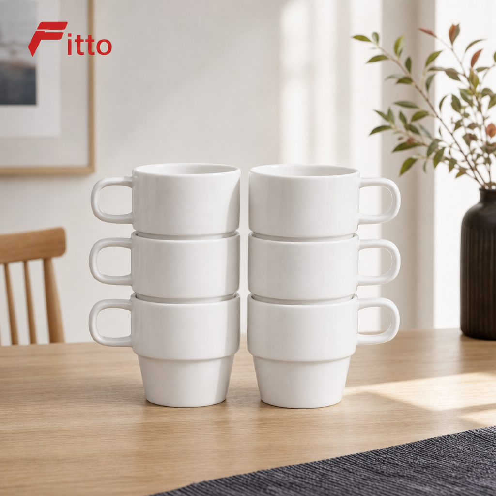 60 Pieces Stackable Ceramic Coffee Mugs with Geometric Handles, White, Set of 6