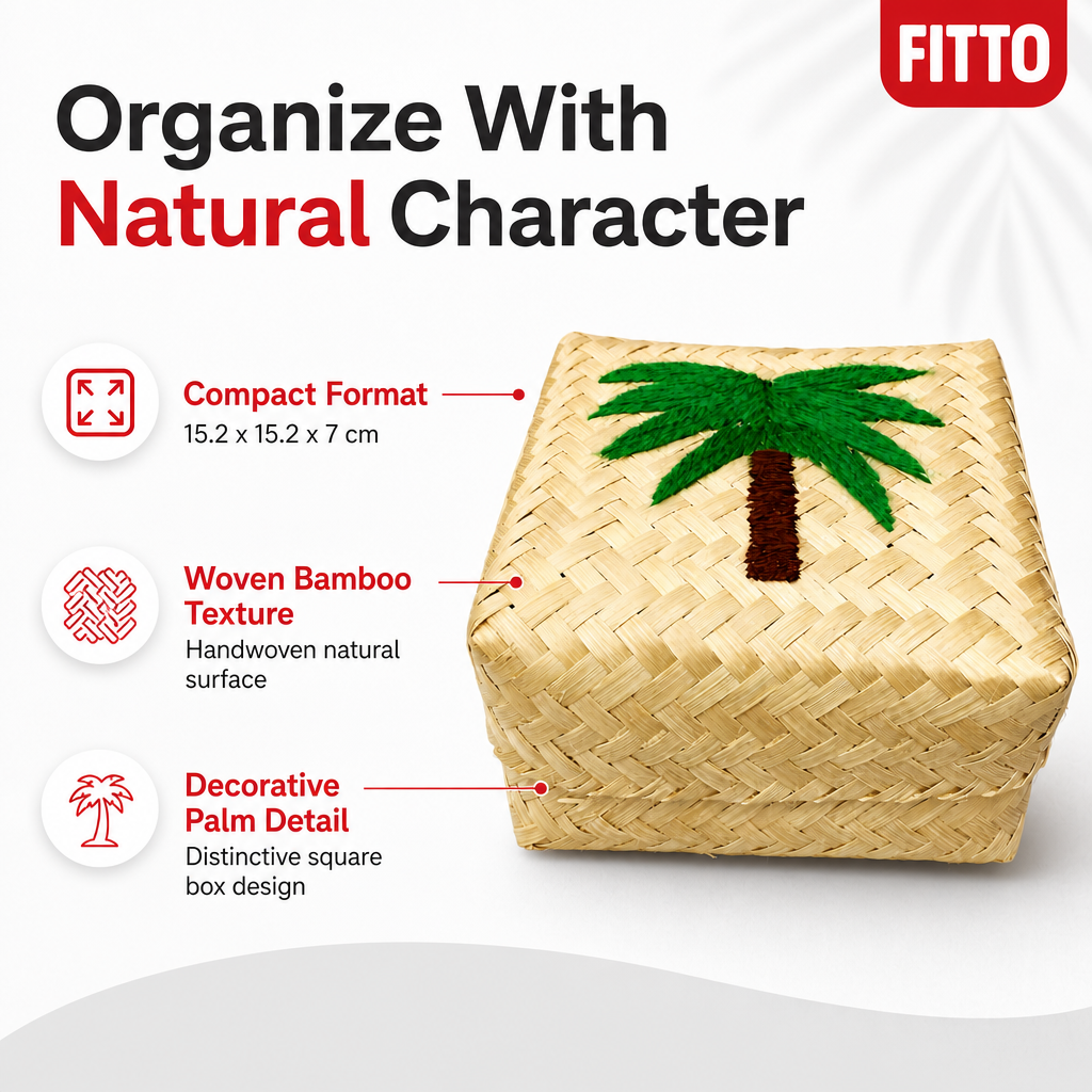 96 Pieces Handwoven Bamboo Square Storage Box with Palm Tree Design, 6 x 6 Inch, Natural Beige