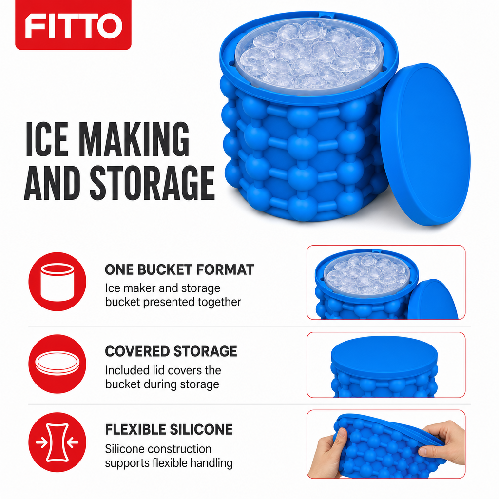 96 Pieces Silicone Ice Cube Maker with Storage Bucket and Lid, Blue, 21 cm