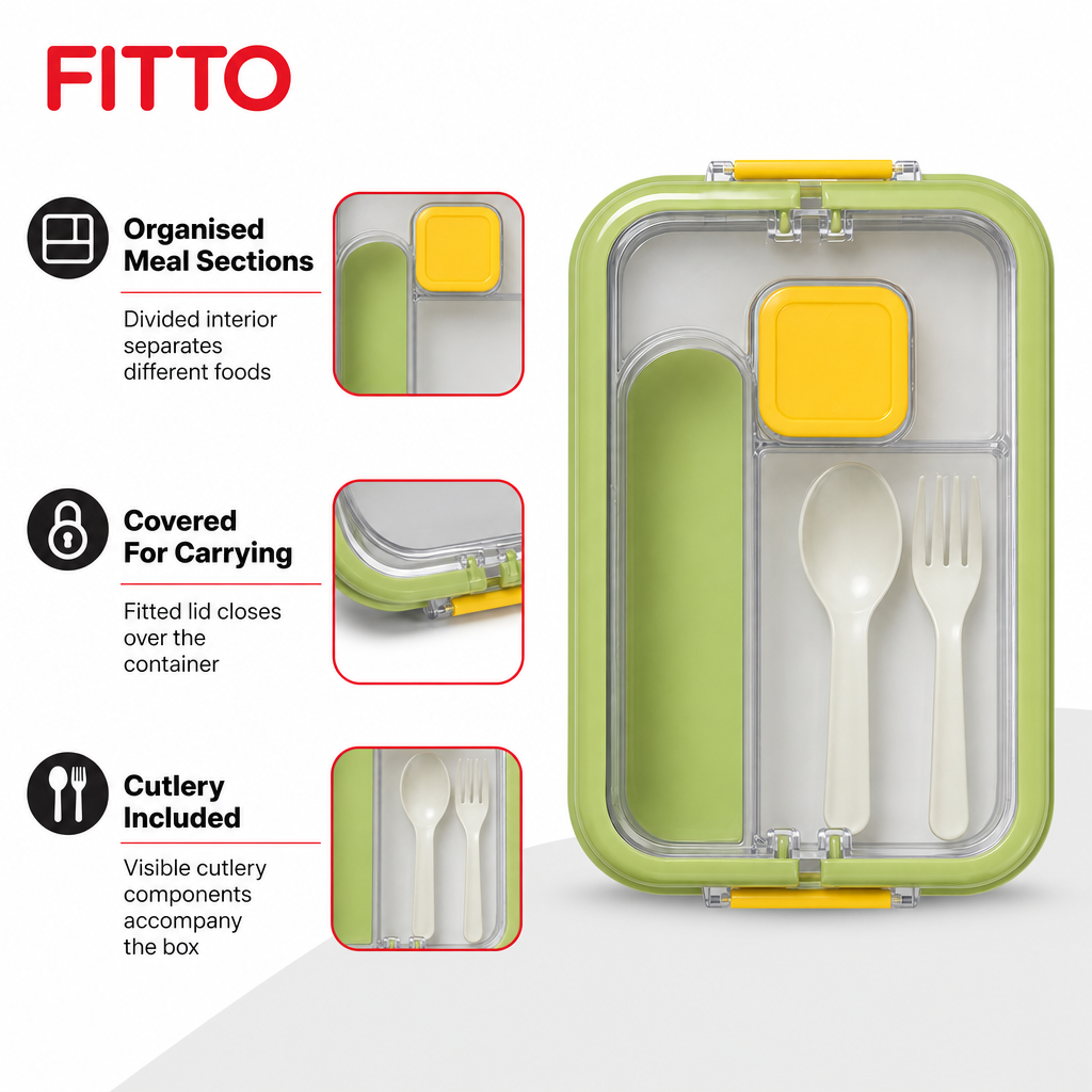 96 Pieces Green Rectangular Compartment Lunch Box with Secure Lid and Cutlery, 1 Piece