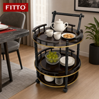 48 Pieces Three-Tier Round Serving Trolley with Metal Frame, Brown, 48 x 48 x 82 cm