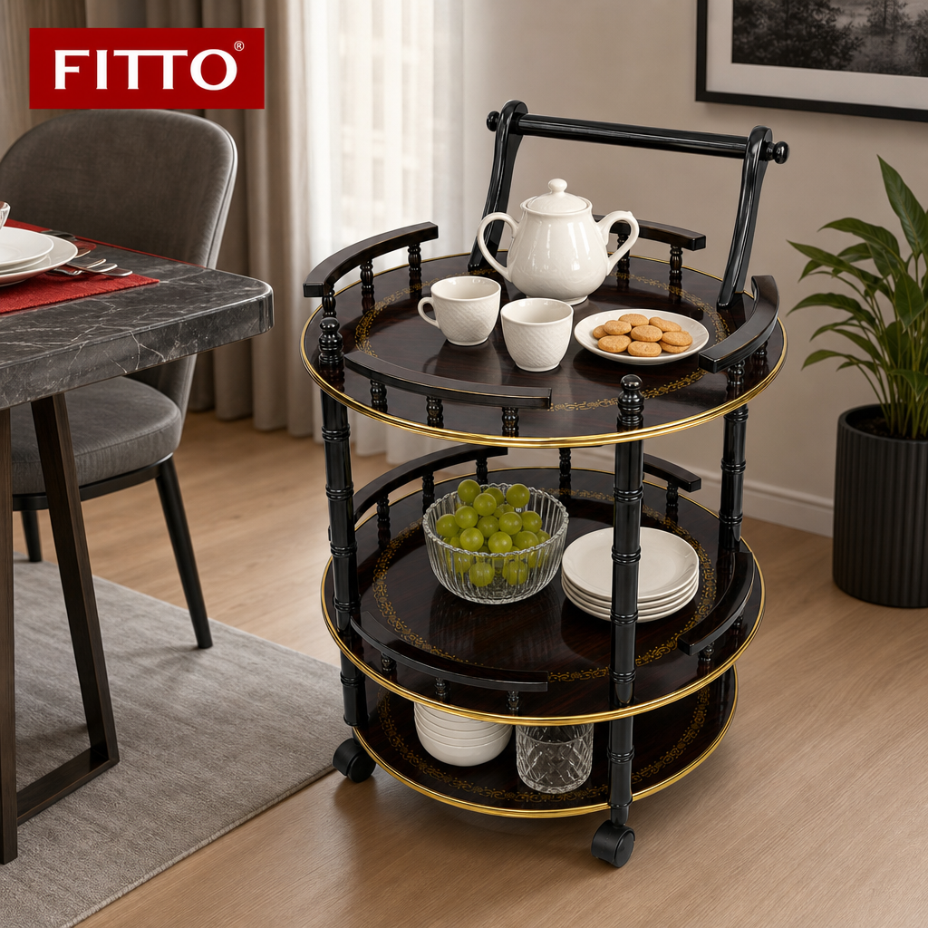 48 Pieces Three-Tier Round Serving Trolley with Metal Frame, Brown, 48 x 48 x 82 cm