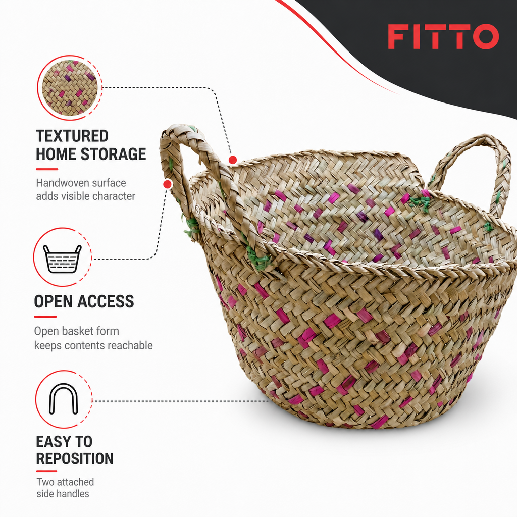 72 Pieces Handwoven Natural Fiber Basket with Handles, Large, 35 x 35 x 22 cm