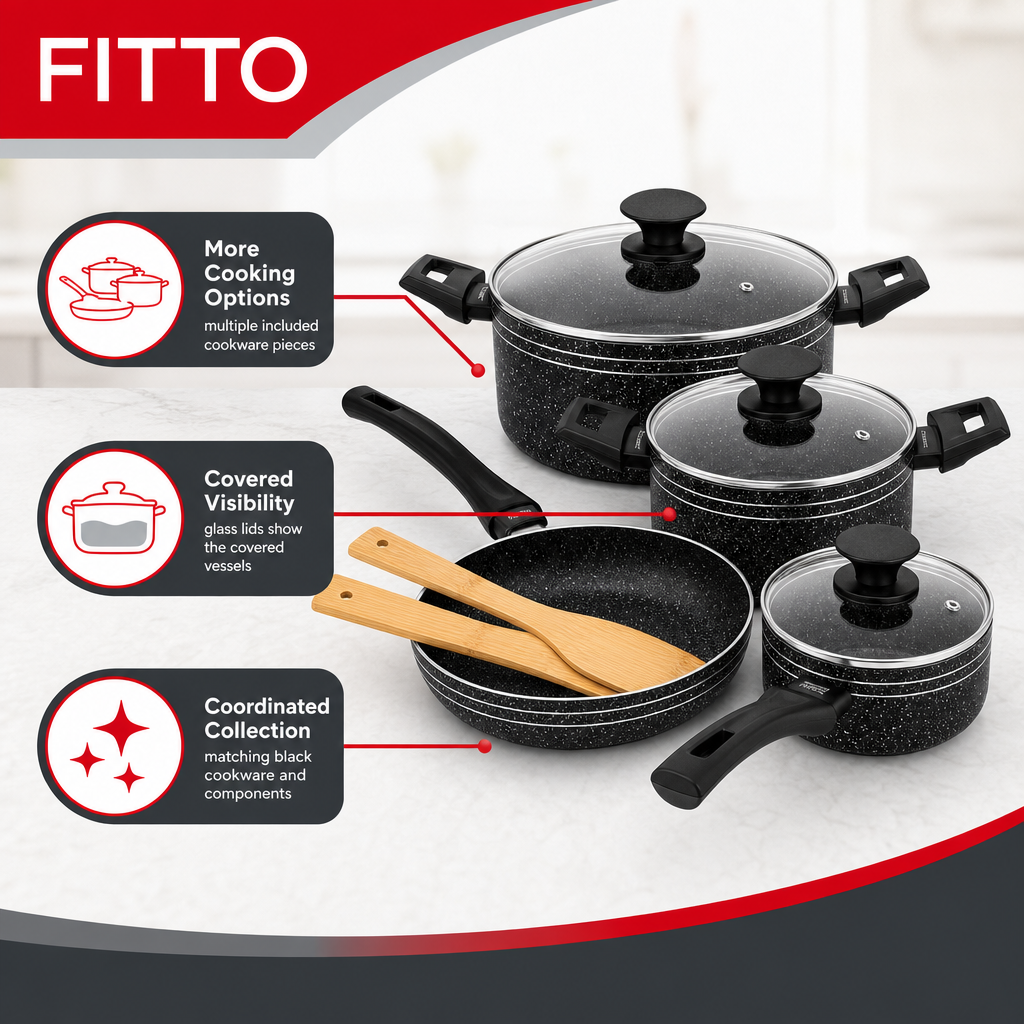 48 Pieces 7-Piece Non-Stick Cookwares Set with Glass Lids, Black Pots and Pan Set for Home Cooking