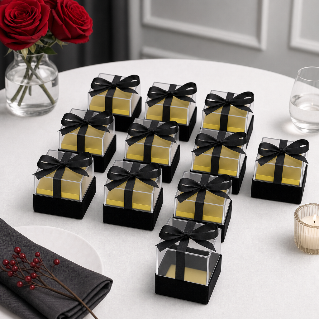 60 Pieces Acrylic Favor Boxes, Black Square Ribbon Presentation Boxes, 6.5 x 6.5 x 7.2 cm, 12 Pieces