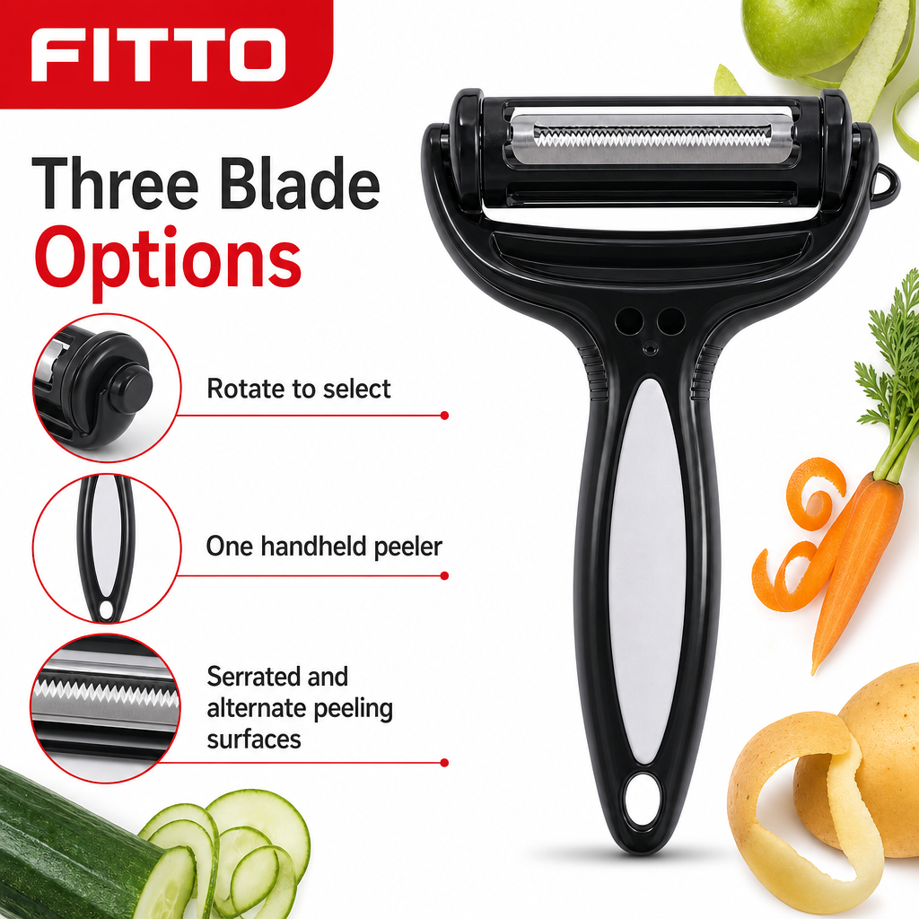 144 Pieces 3-in-1 Rotary Vegetable Peeler, Black, Three Blade Options for Fruit and Vegetable Preparation