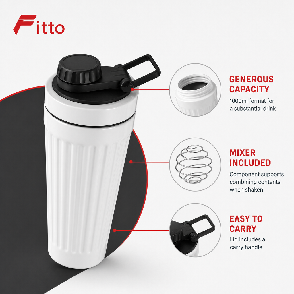 96 Pieces Stainless Steel Shaker Bottle with Mixer, 1000ml, White