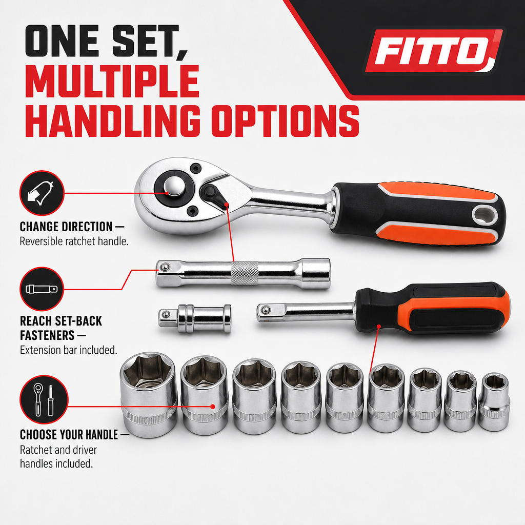 60 Pieces 1/2 Inch Drive Socket Wrench Set with Reversible Ratchet Handle, Extension Bar, Driver Handle and Assorted Sockets, 12 Piece