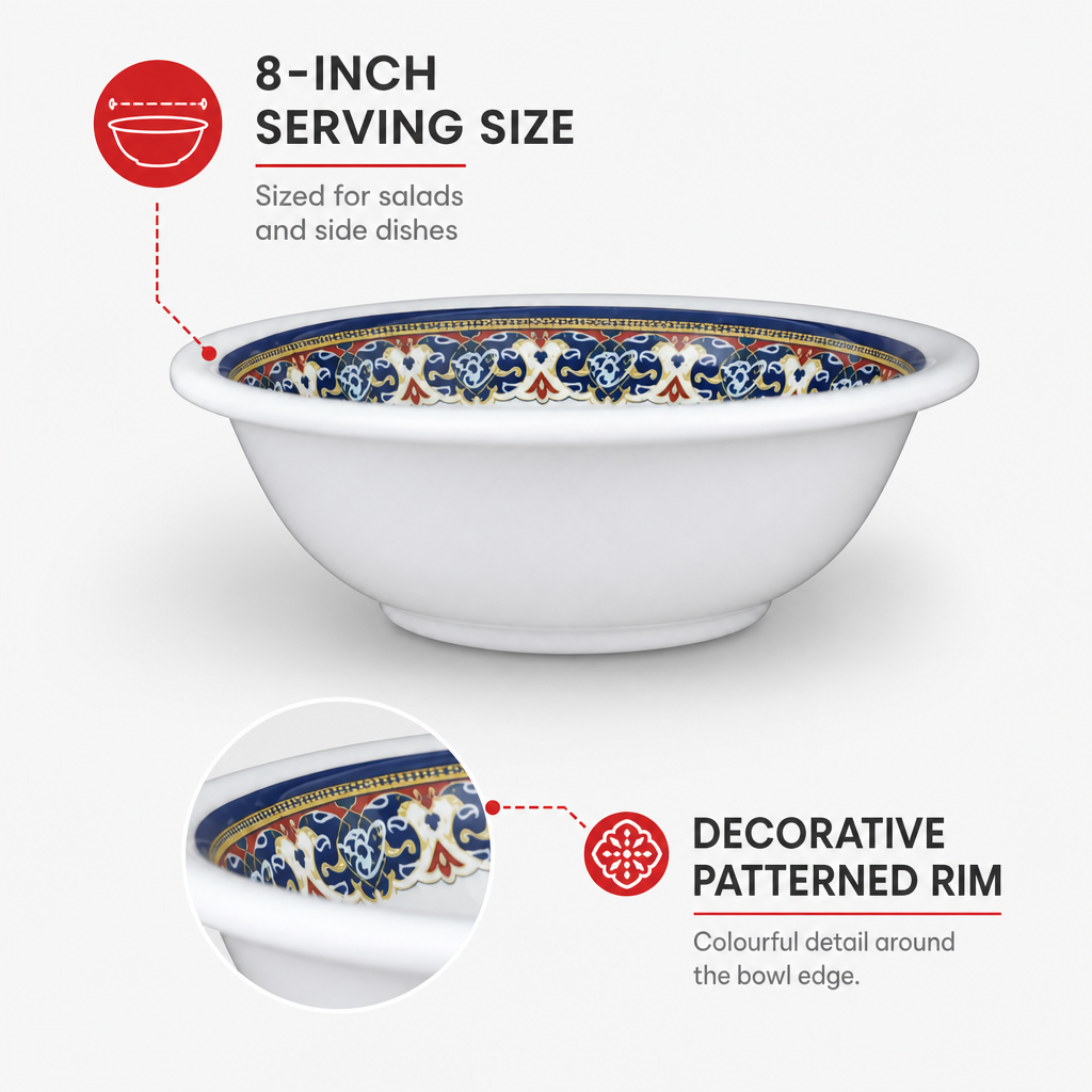 96 Pieces Melamine Salad Bowl, 8 Inch, Decorative Patterned Rim, White