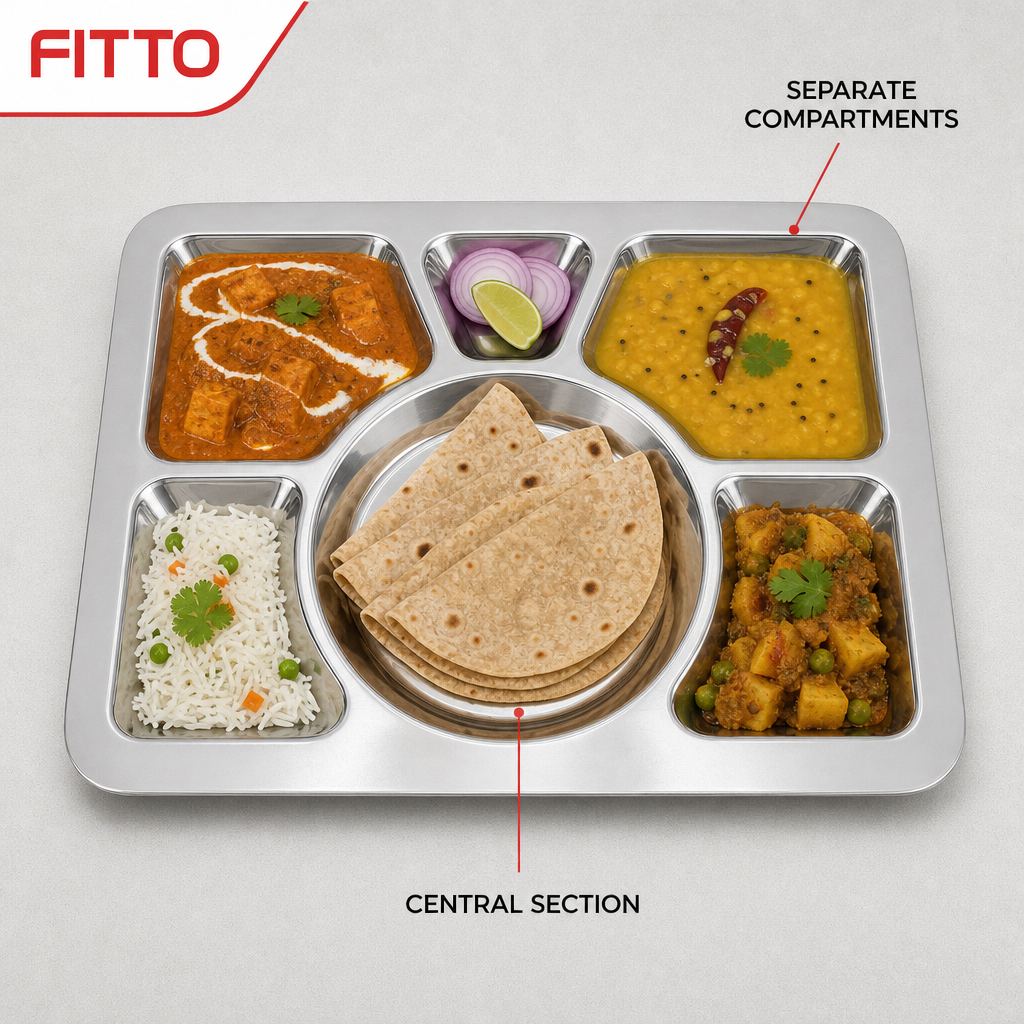 96 Pieces Stainless Steel Compartment Thali Dinner Plate, Silver, 34 x 34 x 3 cm, 1 Piece