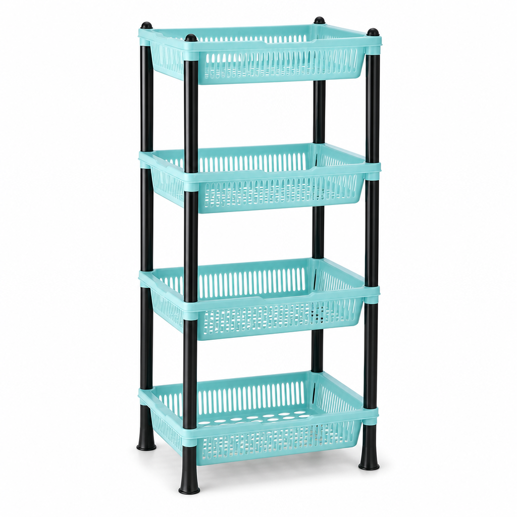 72 Pieces 4-Tier Plastic Storage Basket Rack, Aqua and Black Open Shelving Organizer, 50 x 35 x 22 cm, 1 Unit